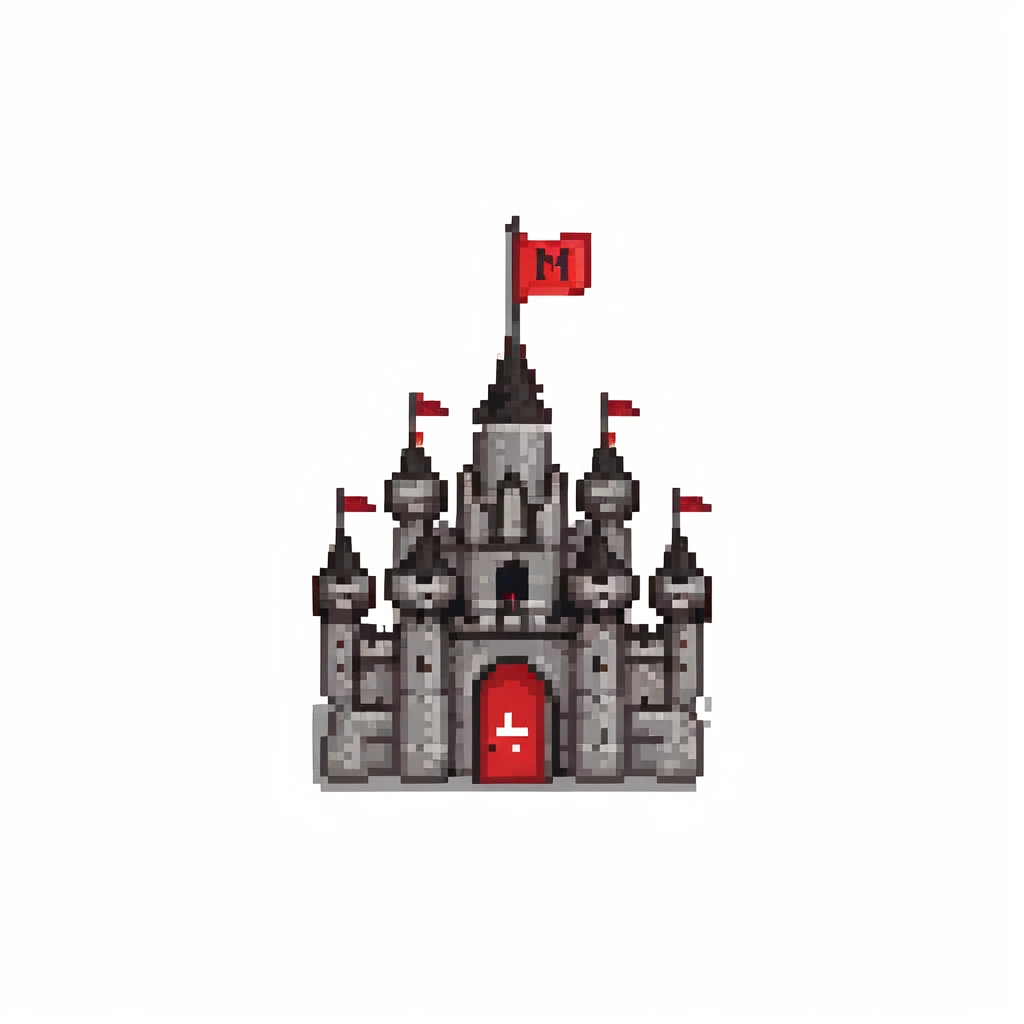 black and red castle with a flag that has the letter M drawn on it emoji