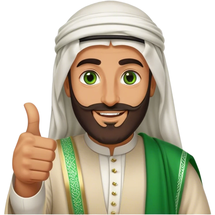 "Tanned Arab Saudi man with green eyes and a beard, wearing an agal and traditional attire, smiling happily and giving a big thumbs-up emoji