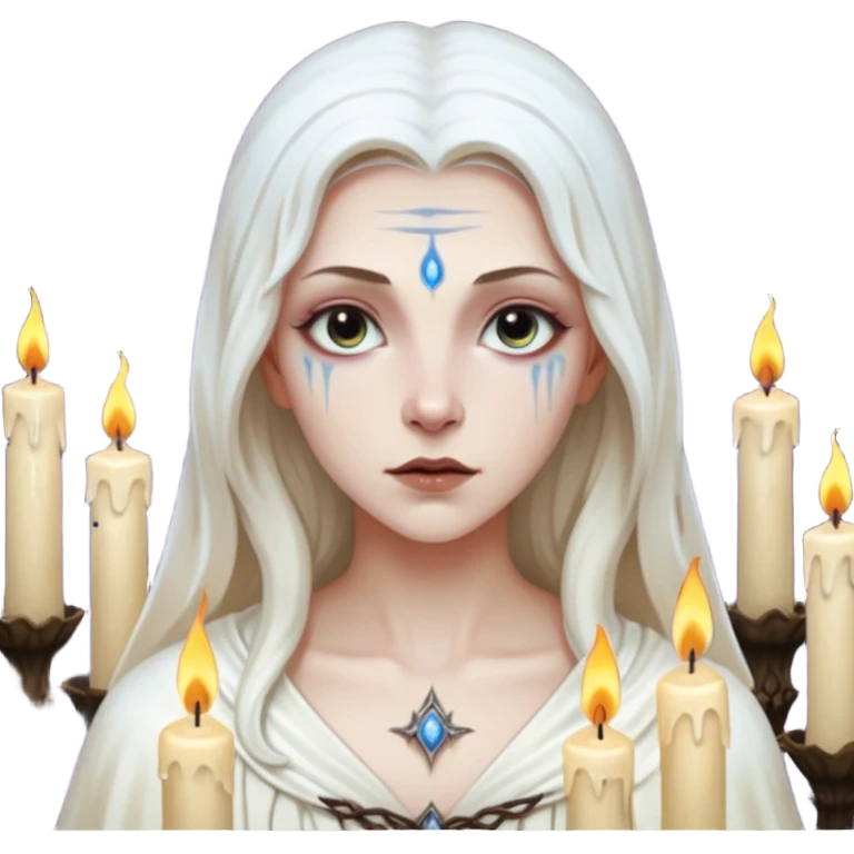 Pale sorceress lit by dozens of candles, wet skin glow, slow seductive gaze, dark fantasy cinema emoji