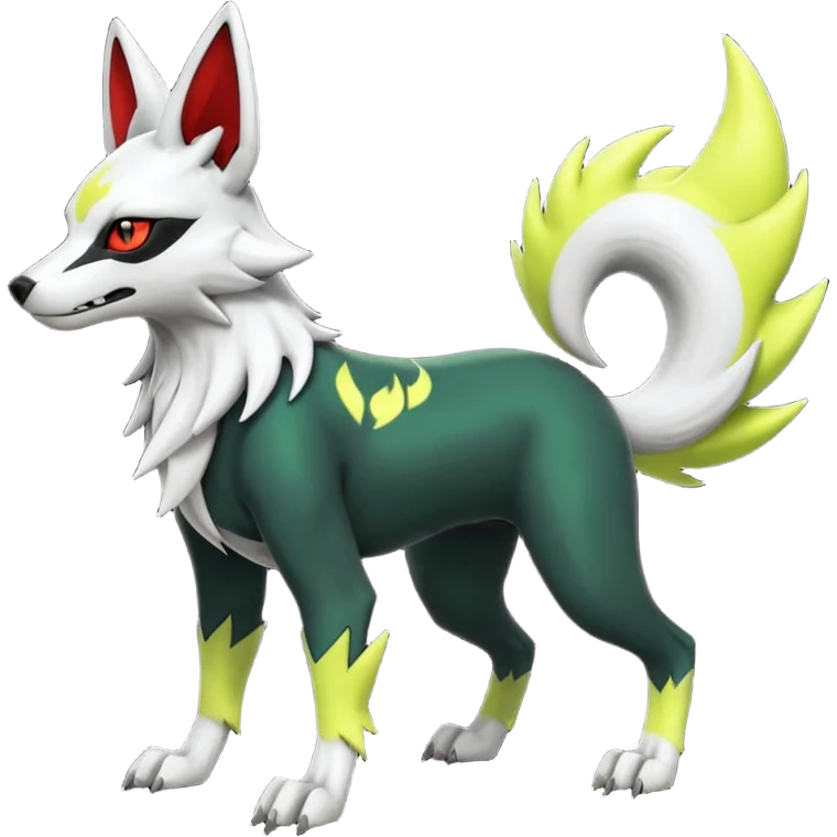 Hyper realistic skeletal black and neon green and neon yellow Zangoose-Lycanroc-Zorua-Litten-Houndoom-Fakémon-Pokémon-Digimon-hybrid-fusion (full body) emoji