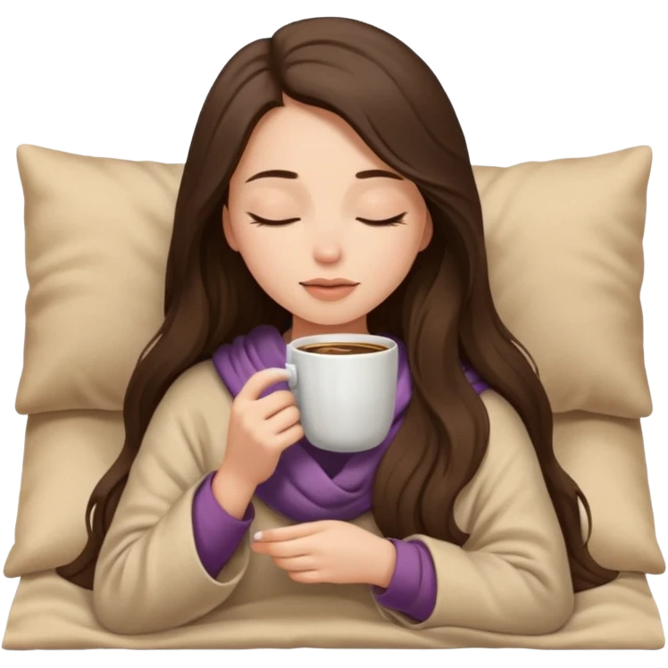 Brunette girl long hair inside a beige blanket sipping coffee eyes closed emoji