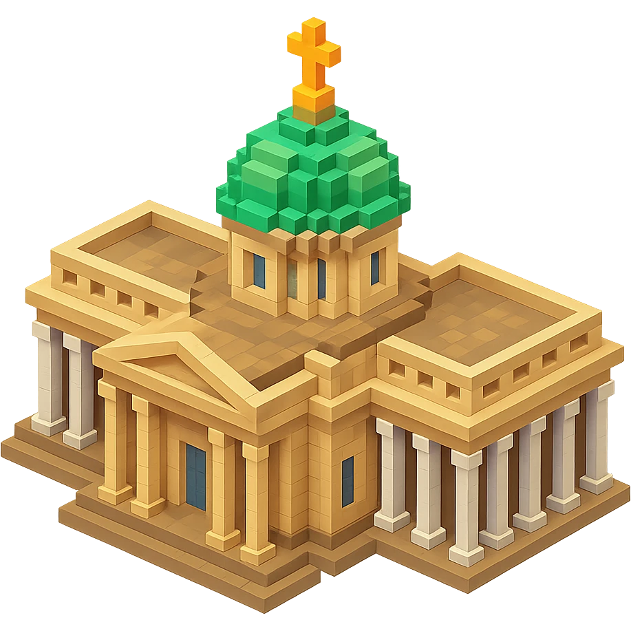 Kazan Cathedral of Saint Petersburg in voxel style, isometric view, realistic colors with light brown stone, green central dome, white columns emoji