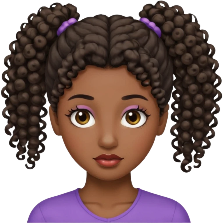 emoji sucking its lips in with one eyebrow up and the other one down dark skin and curly hair in one ponytail with eyelashes up to her hair emoji