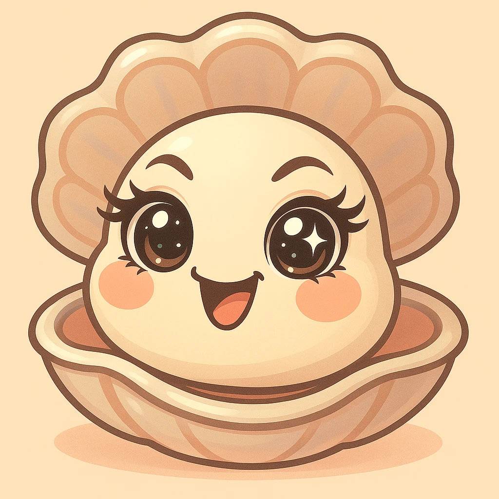 Create a version with even more expressive and luminous eyes, elegant eyelashes, and enhanced pastel, pearly, cream, peach, and greige shades. Keep the large shell, small oyster, pastel toon style, background, and mischievous expression as in the reference image. emoji