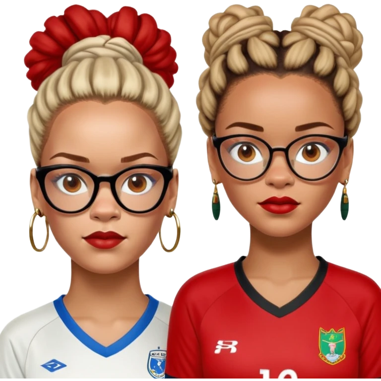 Rihanna must have freckles on nose and soccer woman with updo dreadlocks from east Caribbean wearing a red and white jersey and cateye eyeglasses emoji