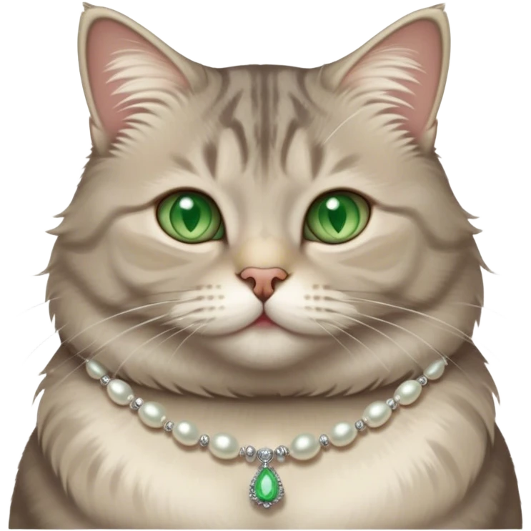 fluffy, slightly chubby, light grey tabby cat with green eyes, white tummy, and a pearl necklace  emoji