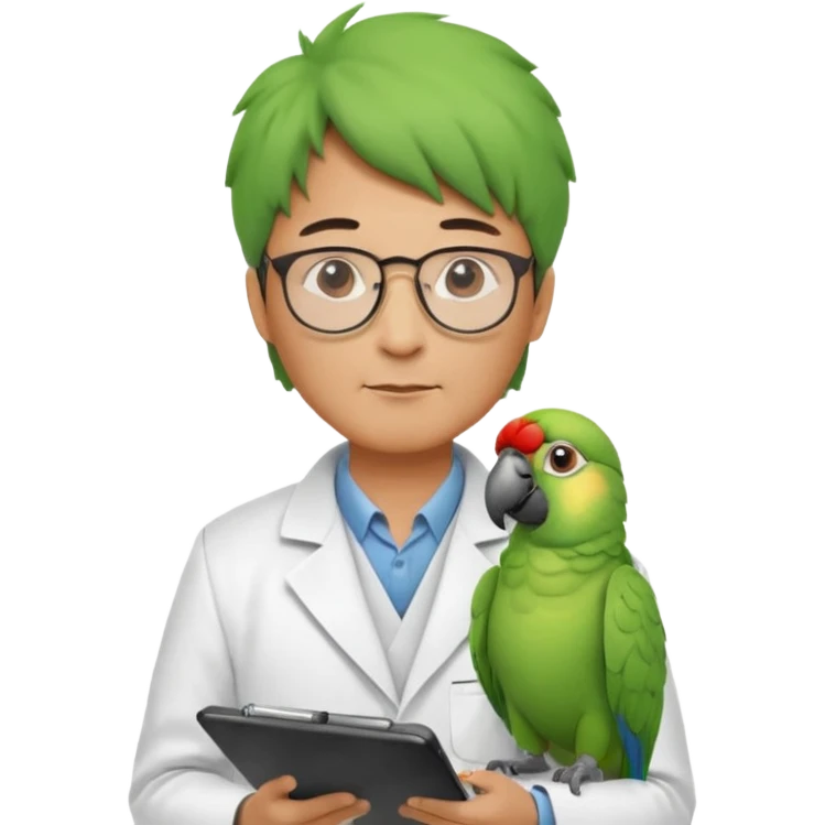 Middle-aged asian male vet – glasses, coat, writing notes on clipboard with parot on head emoji