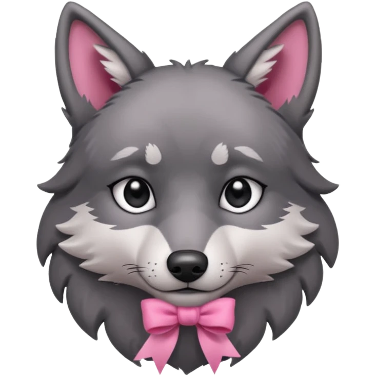 Pleading sad Face cute dark grey wolf with a pink ribbon on his ear head emoji