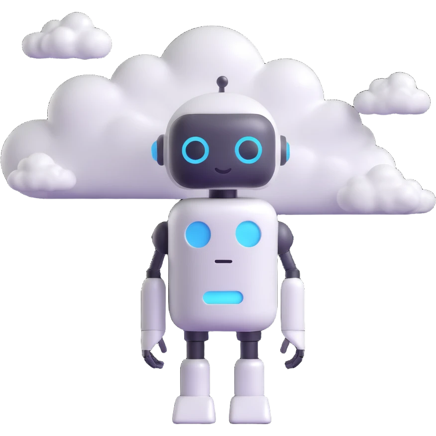 minimalist 3D cartoon-style icon of a robot with a pill-shaped head, eyes closed, gentle smile, surrounded by soft clouds, simple clean lines emoji