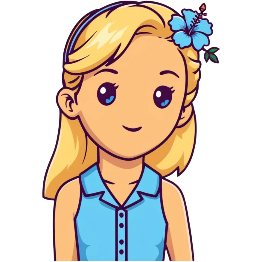 preppy coastal teen girl with blue eyes, beach blonde hair, tan skin, hibiscus flower in her ear, preppy beach outfit emoji