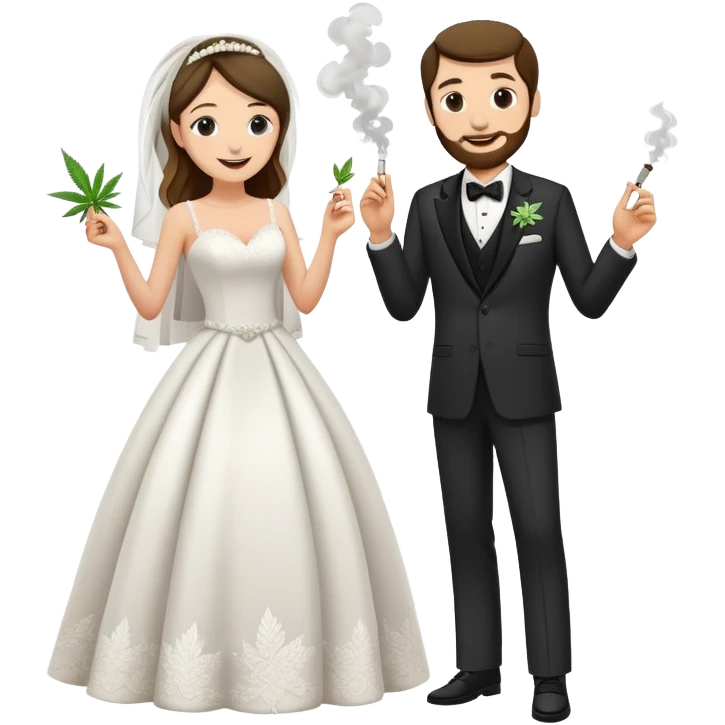 Wedding bride and groom, full body, smoking cannabis together, happy faces emoji