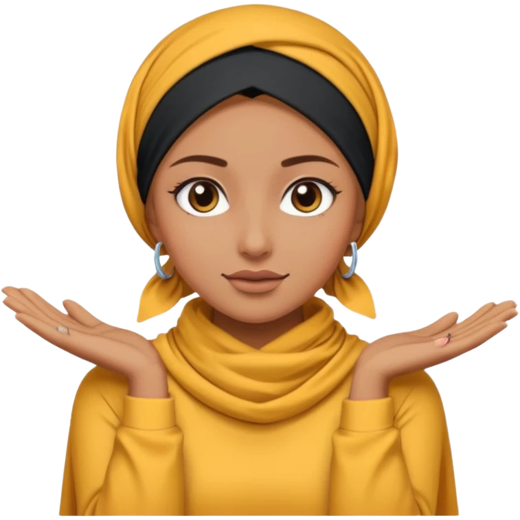 tanned skin woman with a modern headscarf, makeup, and a long sleeve shirt covering shoulders and arms, emoji style emoji