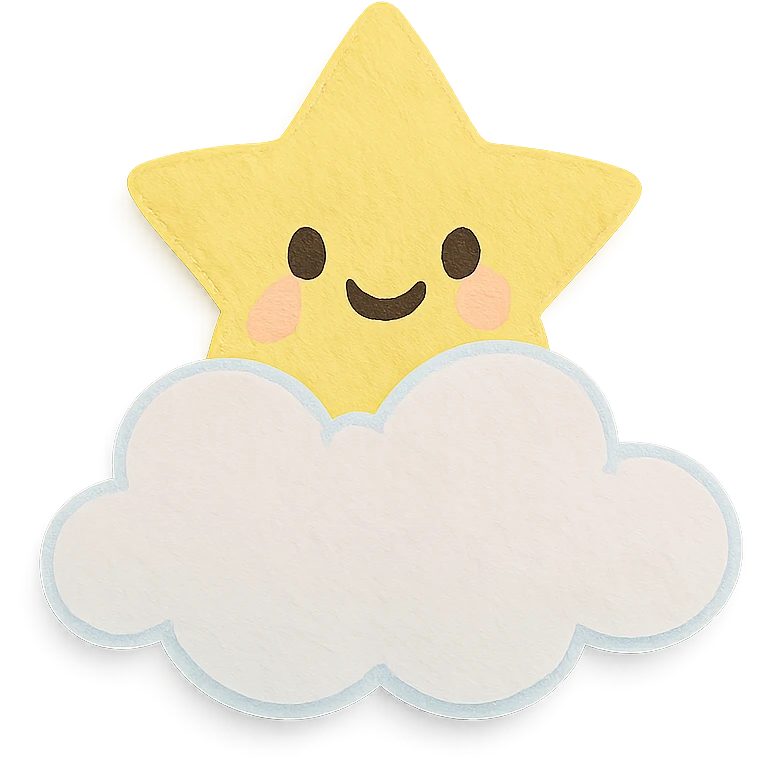 kawaii yellow star peeking from behind a fluffy cloud, no arms or legs, full body, soft pastel palette, paper craft style emoji