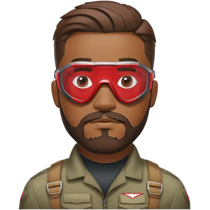 sam wilson with a close to the scalp hair  and  a well-groomed beard that connects to his mustache,  wear sleek, red-tinted tactical goggles fit snugly from captain america: civil war emoji