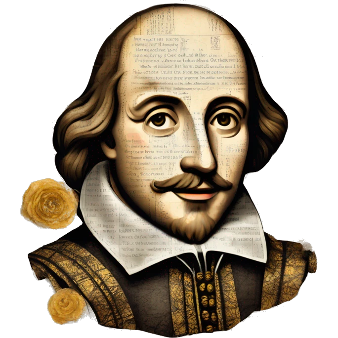 Shakespeare made of newspaper cuttings wearing flowers, stained glass, fairy lights, bokeh, annotated sketch, handwritten letters, collage of intricate patterns, gold swirls, bokeh, lights  emoji