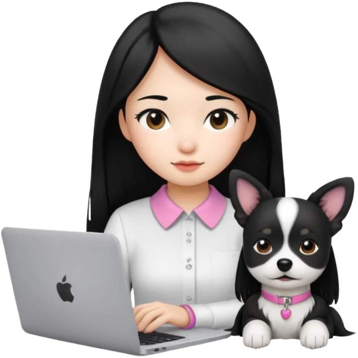Blue back ground, Asian girl with long black hair , wearing a white shirt, working on an Apple laptop, next to her is a small black and white dog with pink collar on  emoji