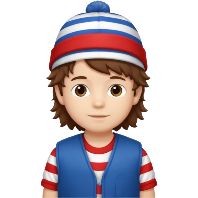 brown fluffy hair kid with blue and white hat dark blue jilet red t shirt emoji