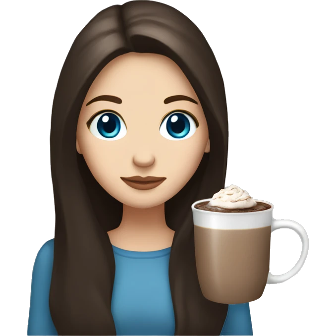 white girl with dark brown long hair, blue eyes, and a hot chocolate emoji