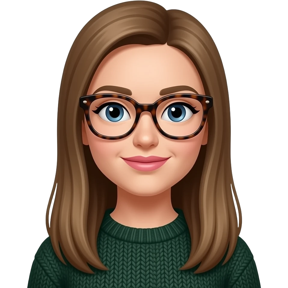 a white woman with long, straight dark blonde hair. she should be wearing thick rimmed tortise shell glasses, have pinker lips, wearing a dark green sweater and have small blue eyes. emoji