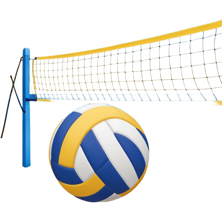 A volleyball resting on the yellow sand on a beach, with the net in the background and a scenic view of the ocean and sky. The scene captures the relaxed yet competitive vibe of beach volleyball, with warm sunlight and the natural beauty of the beach. emoji