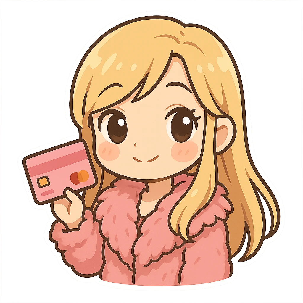 blonde girl, long hair, pink fur, holding a pink credit card, cartoon style emoji