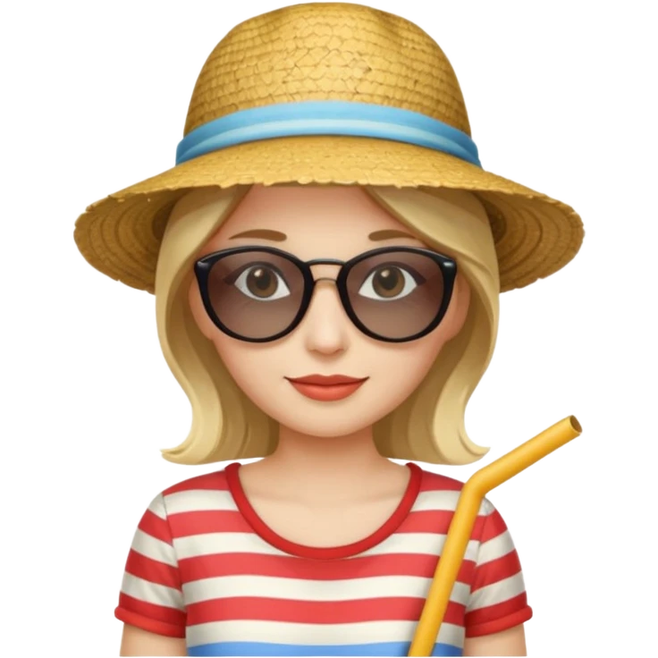 woman with striped clothing sun glasses and straw hat emoji