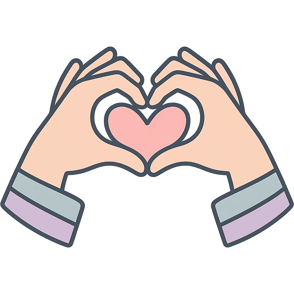 two hands showing a heart shape with fingers, eastern style, thin clean outlines, soft rounded shapes, pastel palette #98B5BC, #B5B3C1, #C9A3C9, #E4C0CA, #F7DCD1, #F7C0AA, detailed shadows and highlights, soft lighting, transparent background, modern Japanese pop art and sticker aesthetic emoji