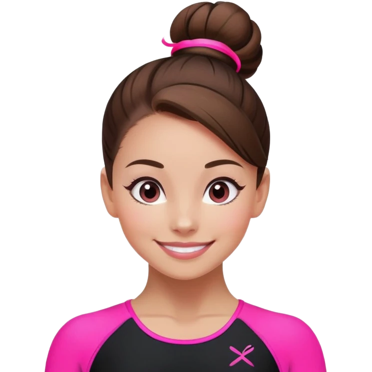 Happy female gymnast with brown hair in a neat bun, wearing a black uniform with neon pink elements. emoji