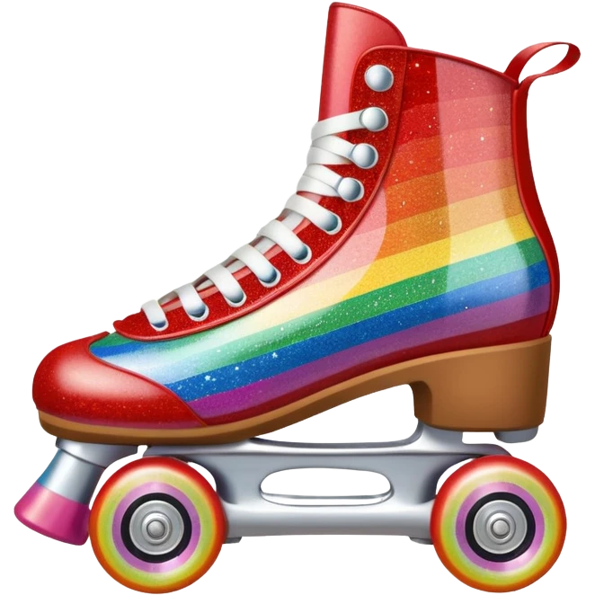 red vintage glitter roller skate with a white leather boot, rainbow stripes glitter emoji