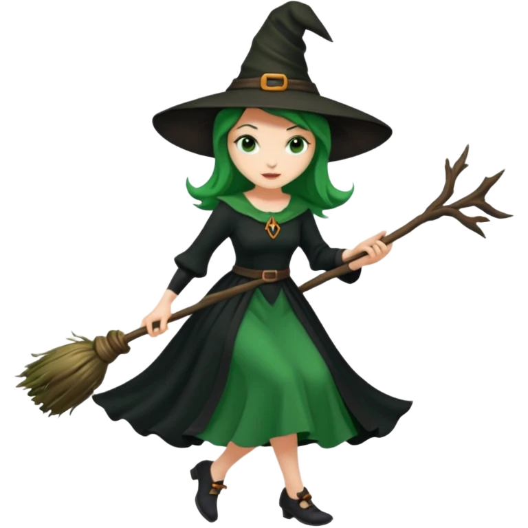 ведьма на метле в зелено-черном платье emoji