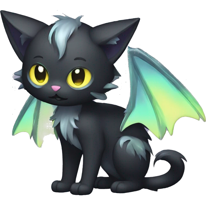 Shiny Shy Cool Punk Black beautiful fantasy Kawaii Ethereal Sona Fakemon-cat-animal with edgy bat-wings-ears Full Body emoji