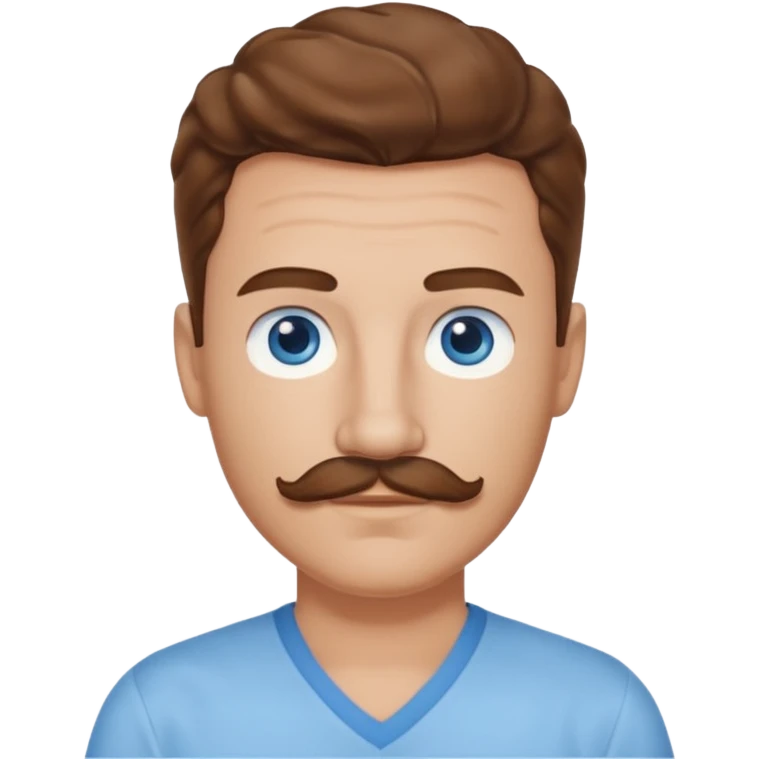 Benson Boone blue eyes, brown wavy hair and mustache, light blue v-neck shirt emoji