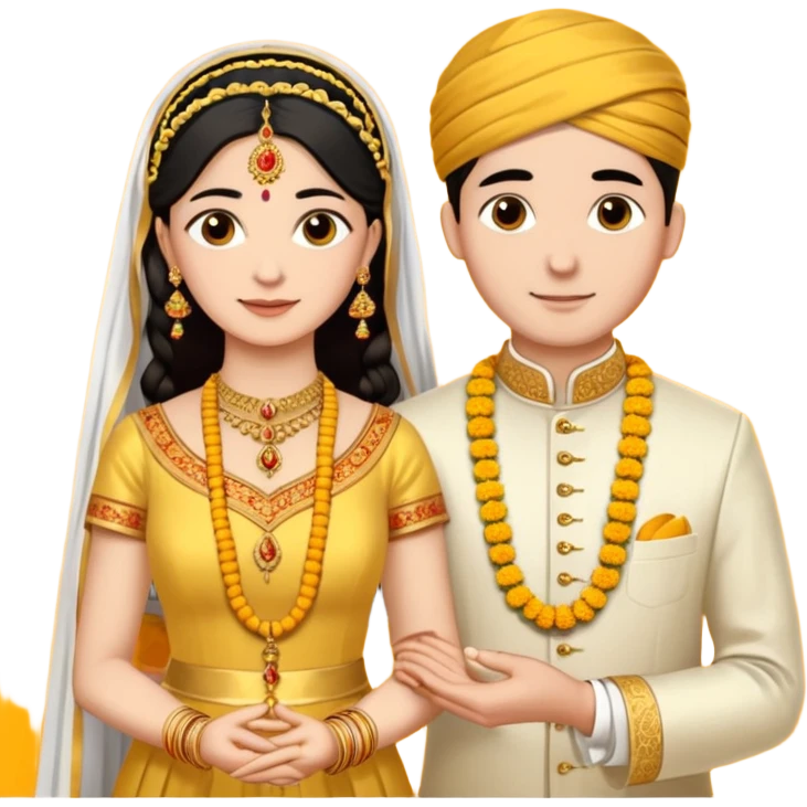 
A yellow sacred thread with two small gold pendants being tied around a bride's neck. The groom's hands are tying the knot while traditional Indian wedding elements like flowers and decorative details are visible in the background. Warm, ceremonial aesthetic. emoji