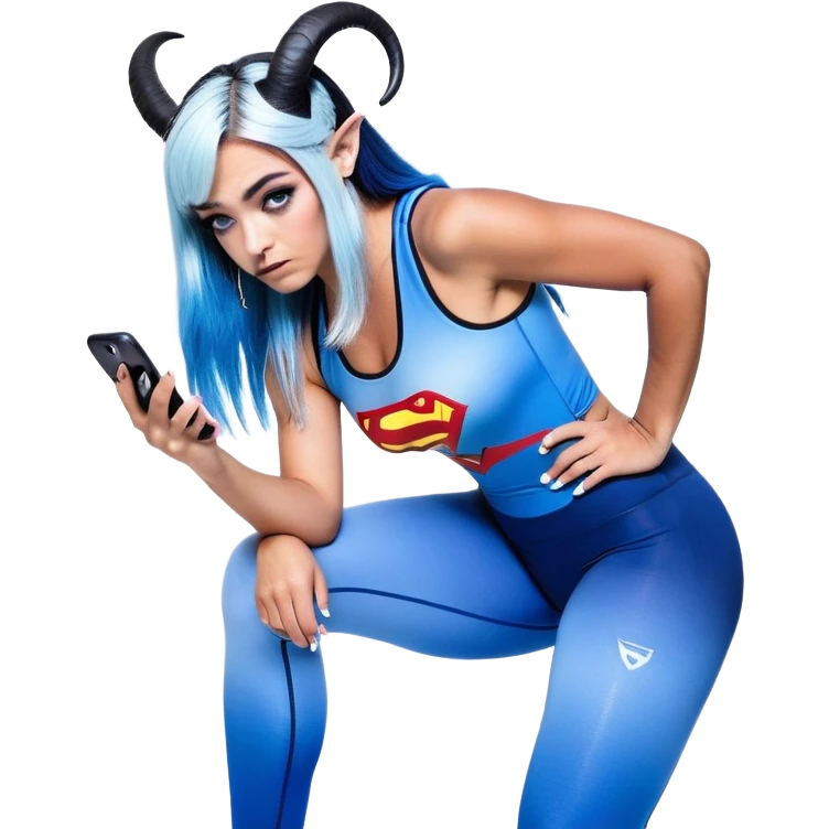 Disapponted-big tears-head back texting on phone-very very large upper body-sexy face-bending forward at waist-very long very straight dark blue to light blue ombre hair-and-blue eyes-thick black eyeliner-cute goat horns-iridescent blue lowcut tanktop with black leggings with glitter superman logo emoji