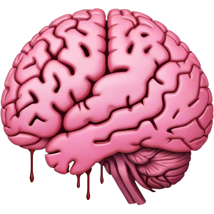 a visibly decaying rotting brain emoji, the brain is standard 'pink', but it has strong decay areas in a darker color which shows parts of the brain 'rotting' . being bitten off.  emoji