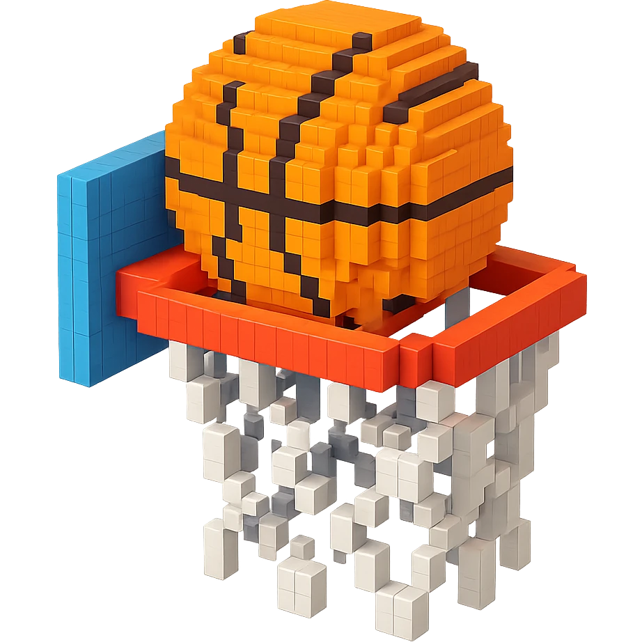 Voxel-style basketball in a net, no background, variation 7. emoji