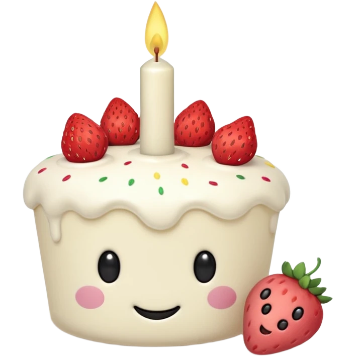 Jellycat vanilla cake with white frostting and strawberries on top with one candle with smiley face and legs emoji