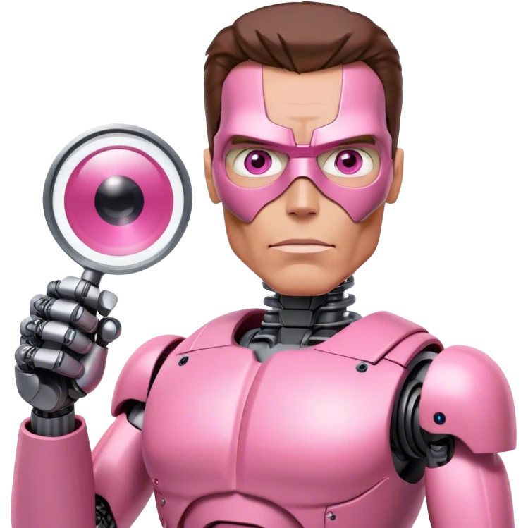 schwarzenegger-looking half robotic half human pink terminator holding magnifying glass, upper body emoji