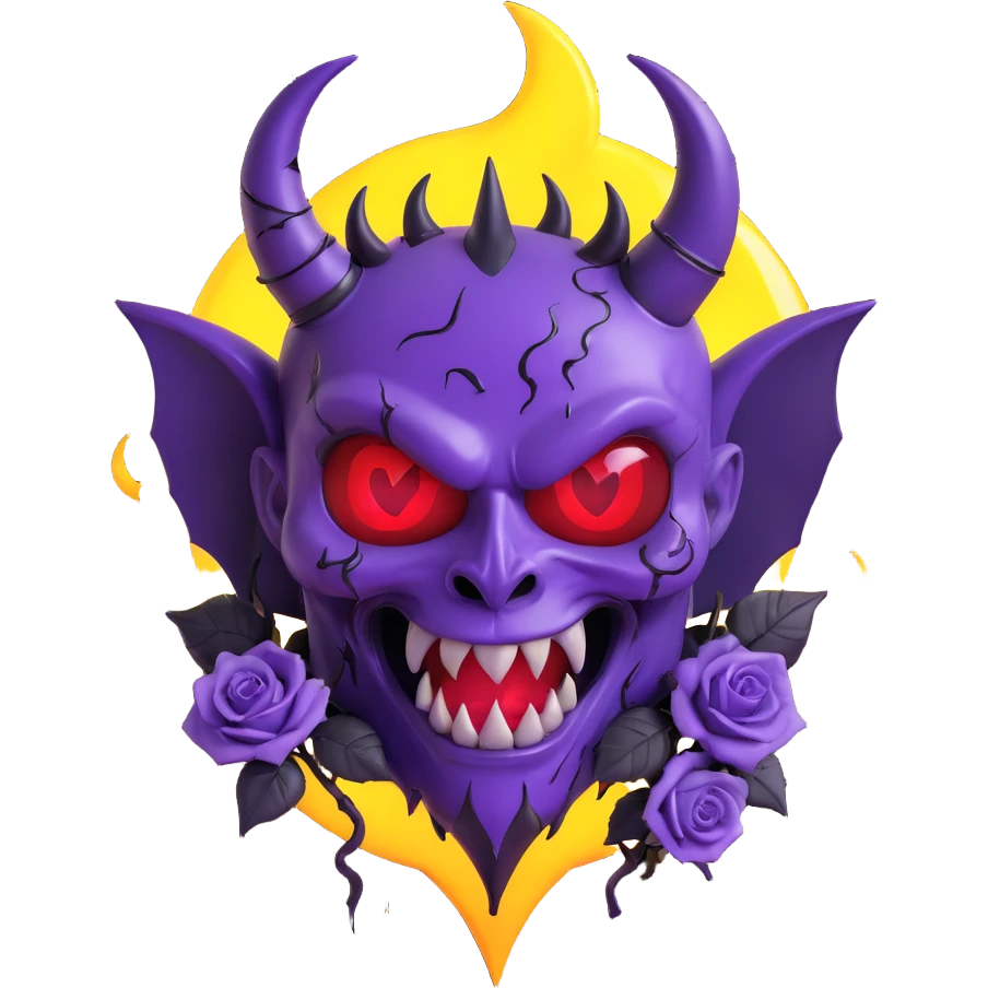 devil heart made of purple glass with sharp devil horns, pointed tail, glowing eyes, black roses, crescent moon accent, lightning effect, rain-soaked, cracked glass texture emoji