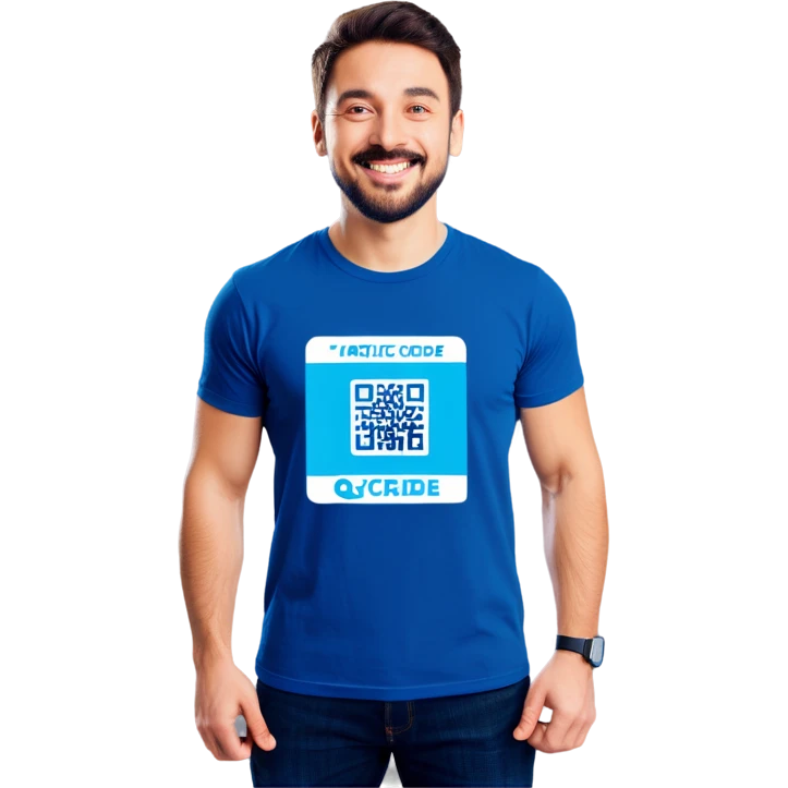 Man with pacific blue t-shirt that read a QRCODE in a ticket emoji