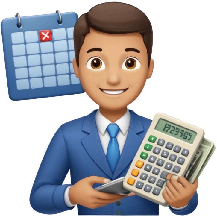 emoji, of a male AUDITOR smiling with Finance spreadsheet , a calculator,plus ADD A puzzle and a Balance for accounting. emoji