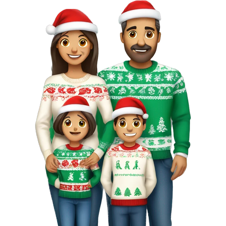 A mexican family of four members with Dad, Mom, Son, and daughter. All wearing Christmas sweaters and Santa hats.  emoji