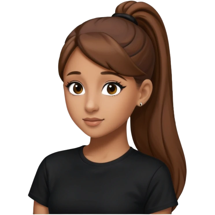 Ariana Grande high ponytaw with brown hair and with black thsirt and and eyeliner make her look 20 emoji
