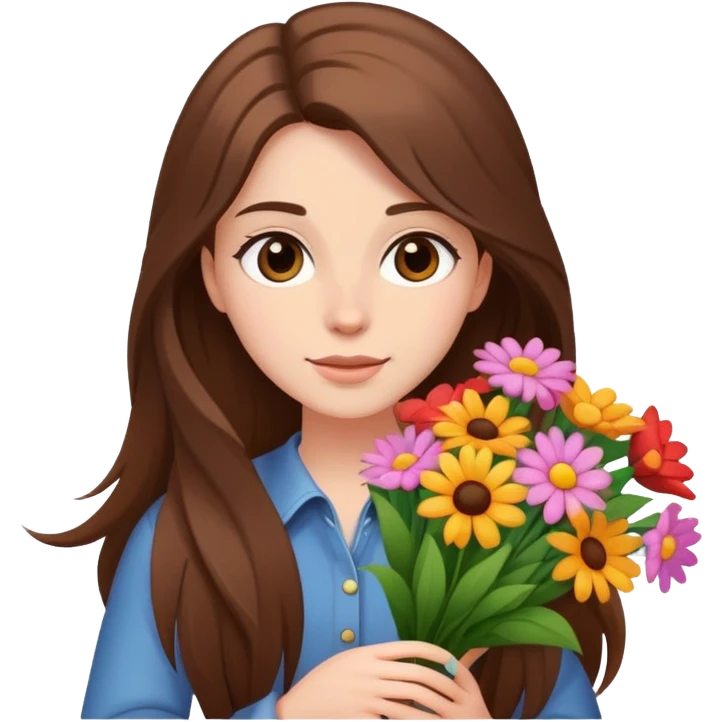 cool girl with long brown hair and fair skin tilting her head to the side while holding a bouquet of flowers emoji