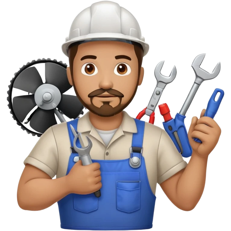 Hispanic HVAC technician with goatee beard as an action figure logo holding HVAC tools in his hands emoji