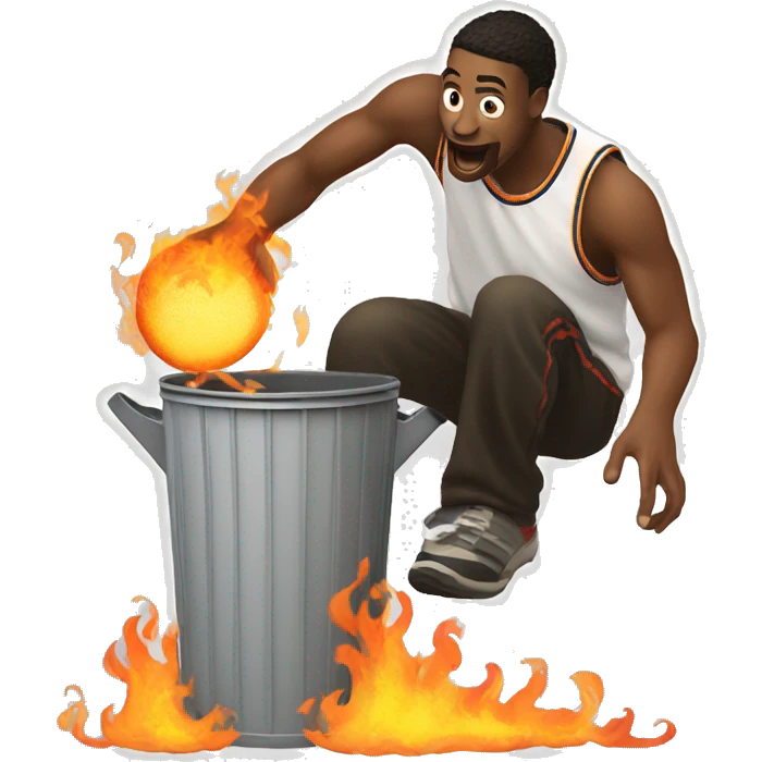 A man dunking a flaming ball into a trash can emoji