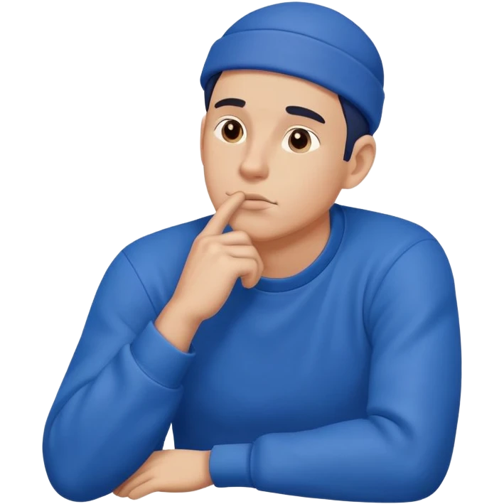 A male character in blue clothing, with a thoughtful expression and hand resting on his chin, symbolizing deep thinking.  emoji