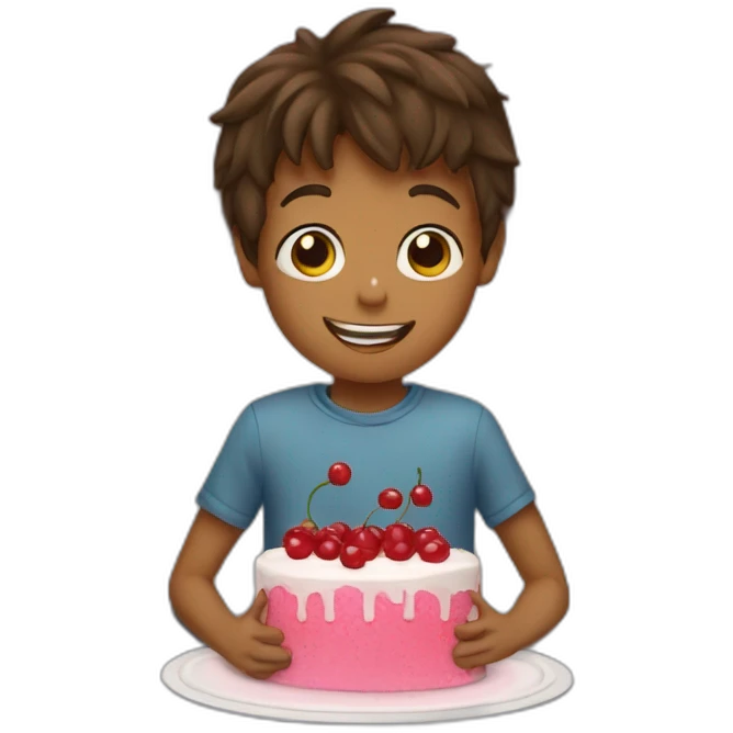 Boy playing a U shaped cherrie topped cake in bed emoji
