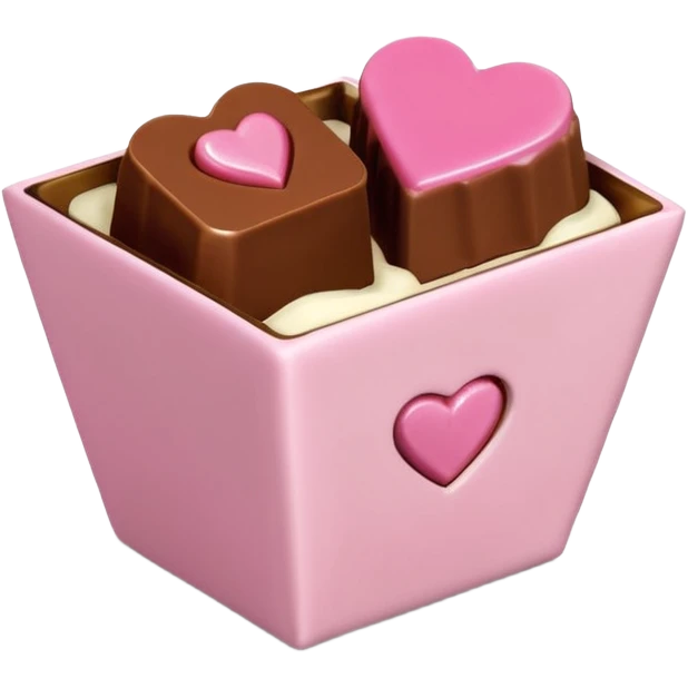 Two square milk chocolate 2 pralines only, Each praline is a sharp-edged cube with smooth glossy chocolate coating, placed in a small white fluted paper candy cup. On top of each cube is a flat pastel pink heart-shaped icing, thin and smooth, slightly translucent, with fine sugar crystal sparkle. emoji