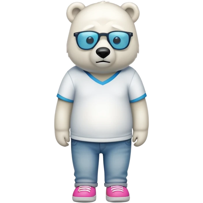 friendly anthropomorphised polar bear standing upright, looking chilled and unbothered, wearing a shirt, jeans, trainers, colorful glasses emoji